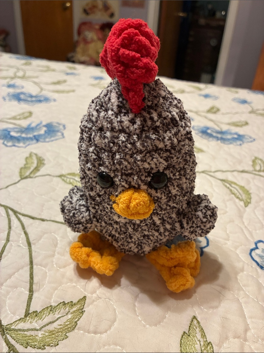 Hand Crocheted Plush Grey Chick with Red Crest and Yellow Beak & Feet